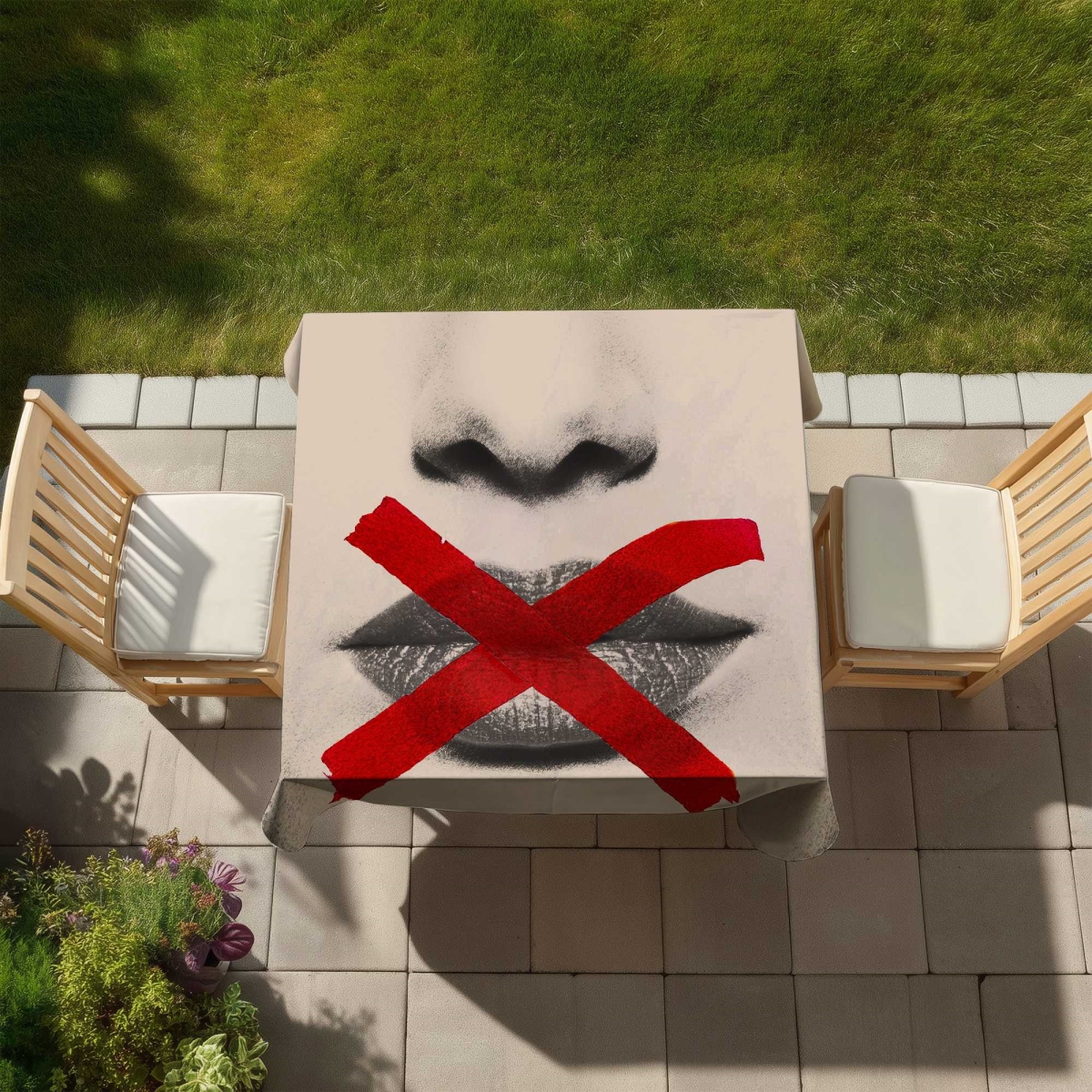 Picture of Begin Home Decor C1TC5858NSGQCS 58 x 58 in. Grayscale Lips with Red X - Modern Red Tablecloth for Decor