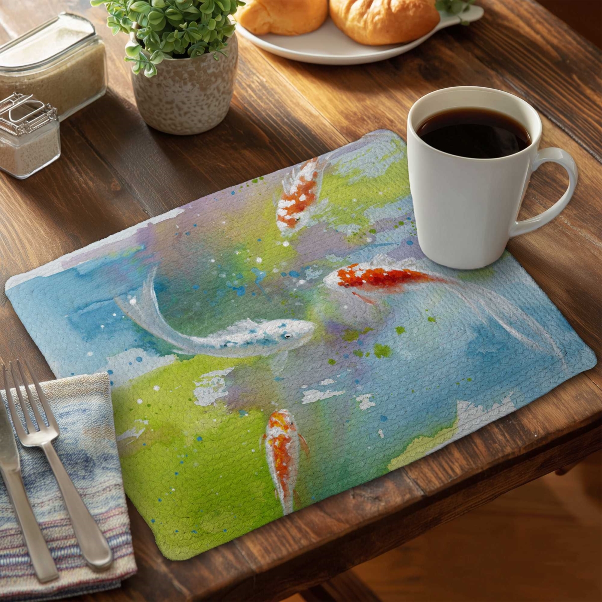 Picture of Begin Home Decor C4BP14188MNTCI 14 x 18 in. Koi Fish in Colorful Water Braided Polyester Placemat - Set of 4