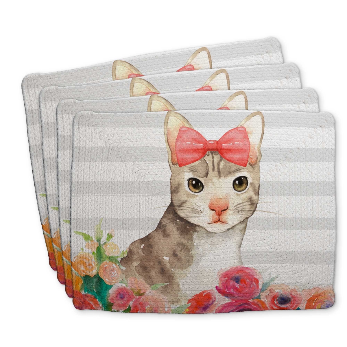 Picture of Begin Home Decor C4BP1418KV7XC0 14 x 18 in. Small Cat with Flowers - Braided Polyester Placemat - Decor - Set of 4