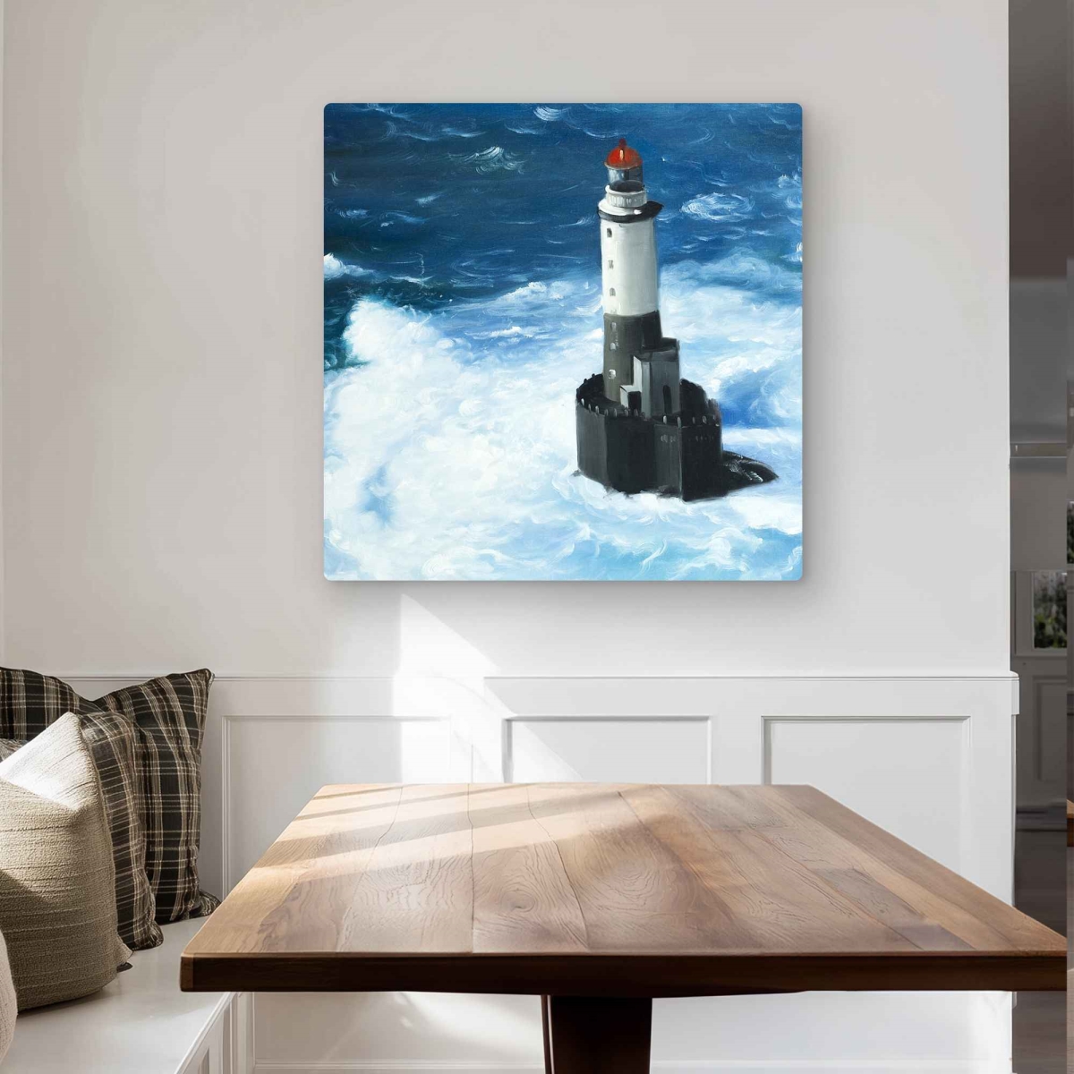 C1MP3232QQ5L2U 32 x 32 in. Unleashed Waves On A Lighthouse Wall Art - Hyperrealist Metal Print