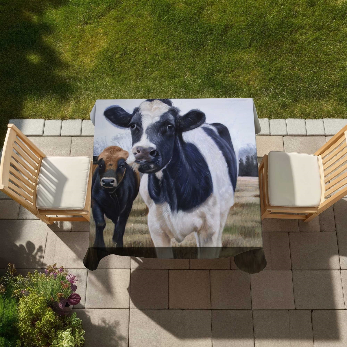 Picture of Begin Home Decor C1TC585896CY1P 58 x 58 in. Two Cows Eating Grass Tablecloth - Farmhouse Animals Decor