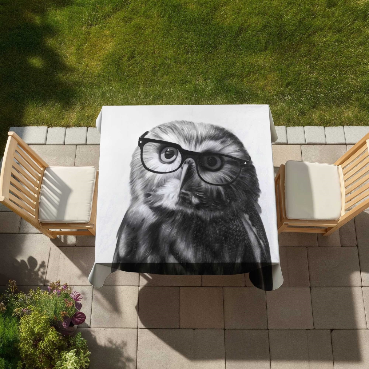 Picture of Begin Home Decor C1TC5858B0Z470 58 x 58 in. Northern Saw-Whet Owl with Glasses Tablecloth - Black Decor