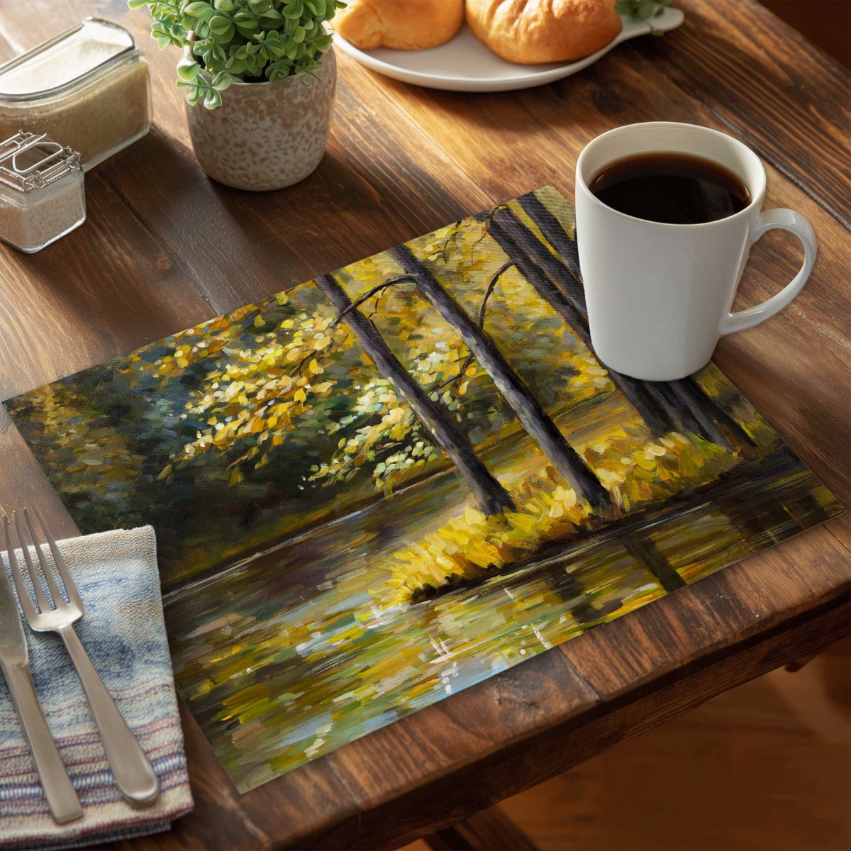 Picture of Begin Home Decor C4PP1418K0E6RH 14 x 18 in. Fall Landscape by The Water - Polyester Placemat - Set of 4