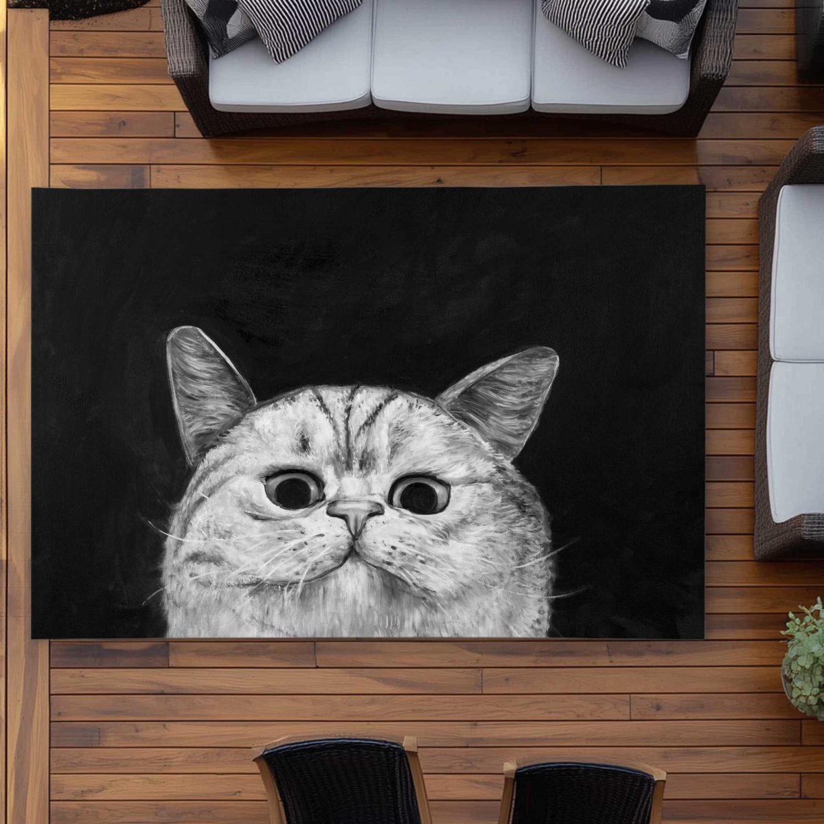 C1ROAR57VUDIBZ 5 x 7 ft. Watching Cat Black & White Outdoor Rectangle Area Rug for Home Decor