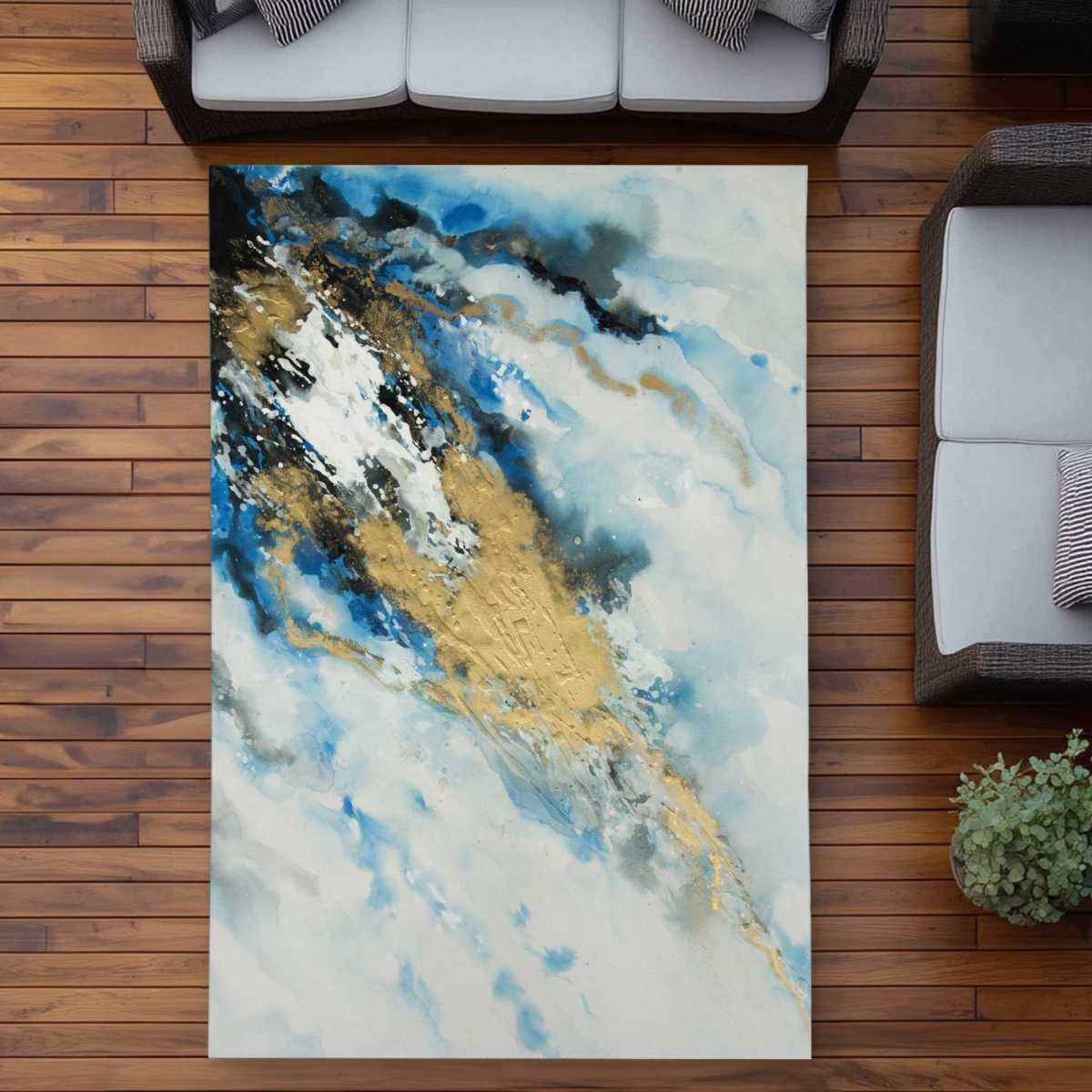 C1ROAR57XSO8BB 5 x 7 ft. Blue & Gold Marble Rectangle Area Rug - Modern Living Room Outdoor Decor