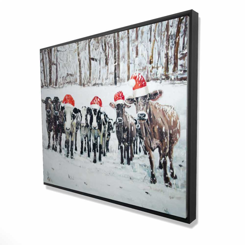 2081-4860-HO24 48 x 60 in. Curious Christmas Cows - White Rustic Framed Canvas Decor