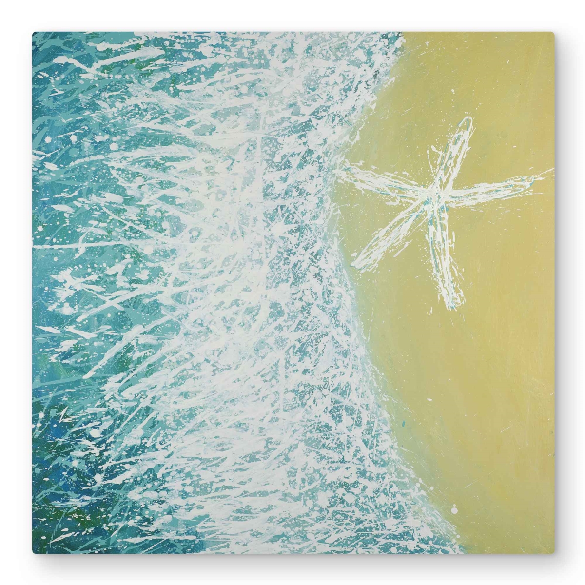 C1MP3232L4PYQ3 32 x 32 in. Right Side Seastar & Wave Wall Art - Coastal Turquoise Metal Print