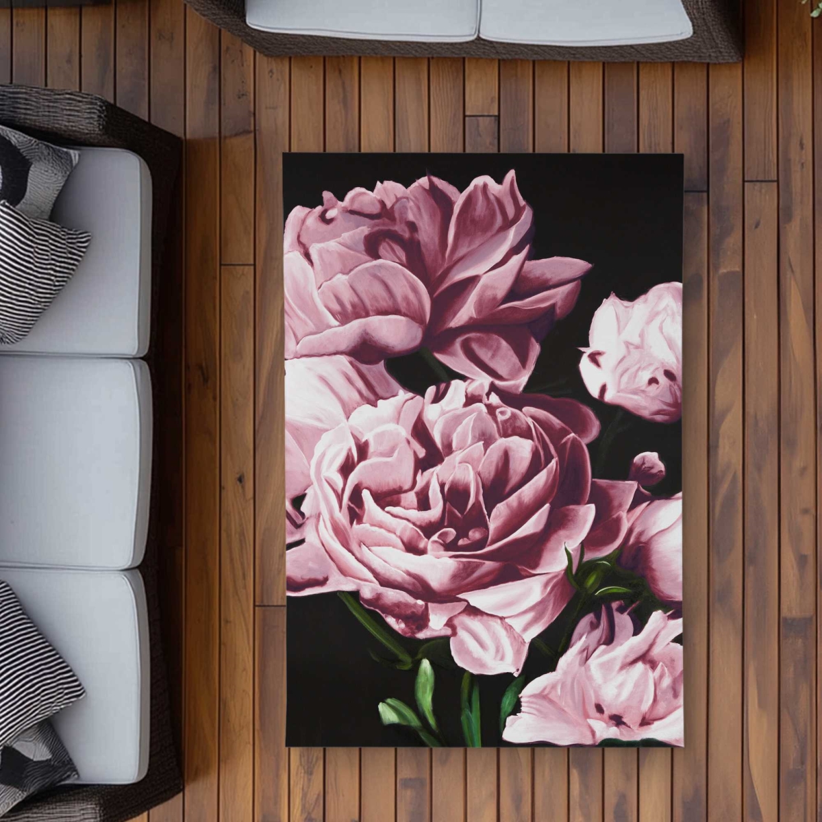 C1ROAR35VYP2LY 3 x 5 ft. Pink Peonies Black Hyperrealist Outdoor Rectangle Area Rug - Decor