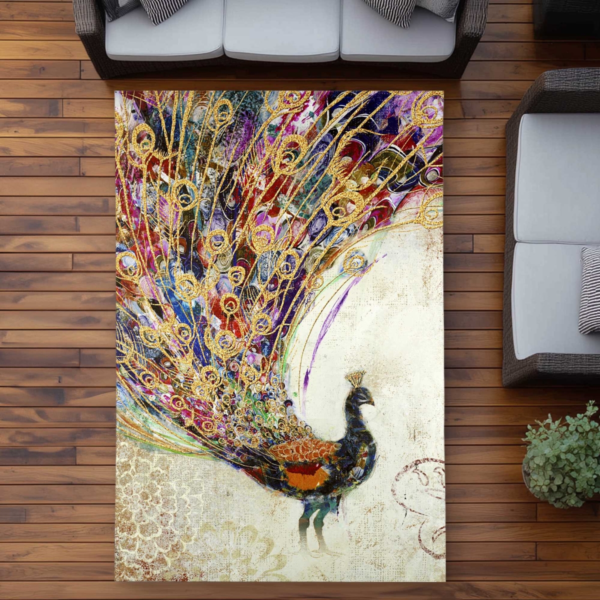C1ROAR5706SM3Y 5 x 7 ft. Peacock with Gold Feathers Outdoor Rectangle Area Rug - Best Seller