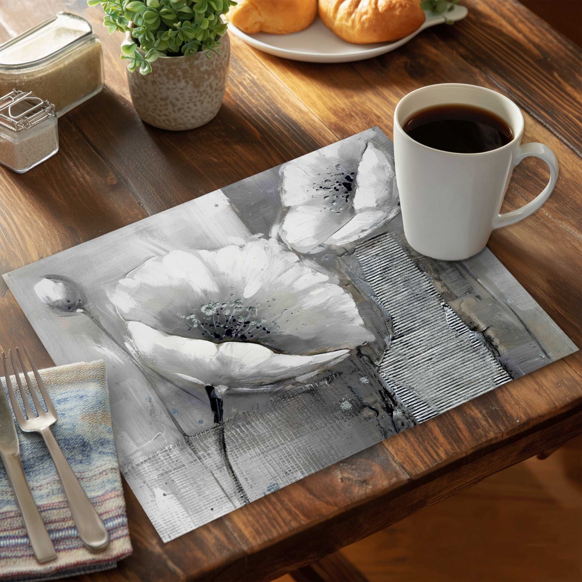 Picture of Begin Home Decor C4PP14184KXLY5 14 x 18 in. Industrial Monochrome Flowers Polyester Placemat - Decor - Set of 4