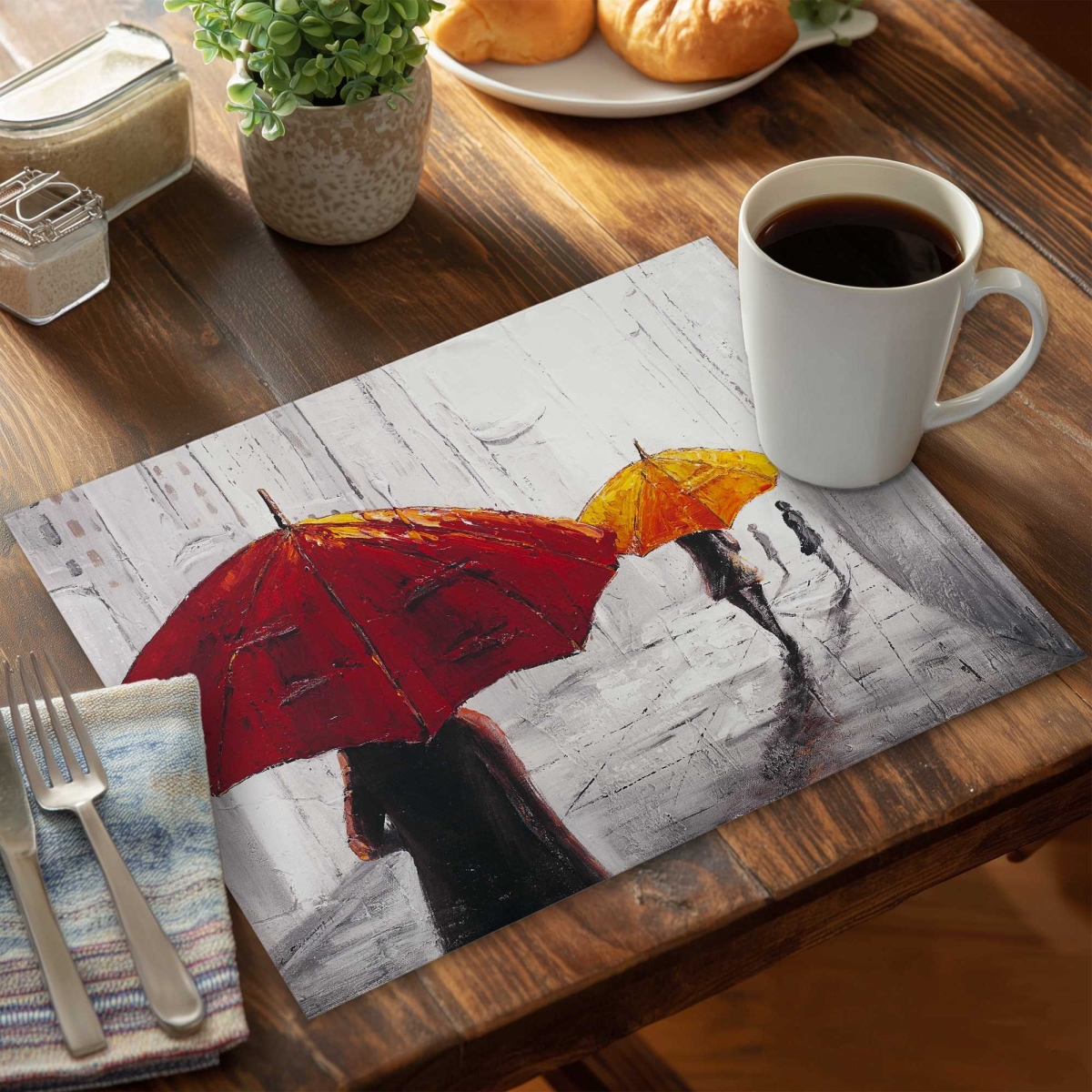 Picture of Begin Home Decor C4PP14189M04JG 14 x 18 in. Passersby with Umbrellas Polyester Placemat for Home Decor - Set of 4