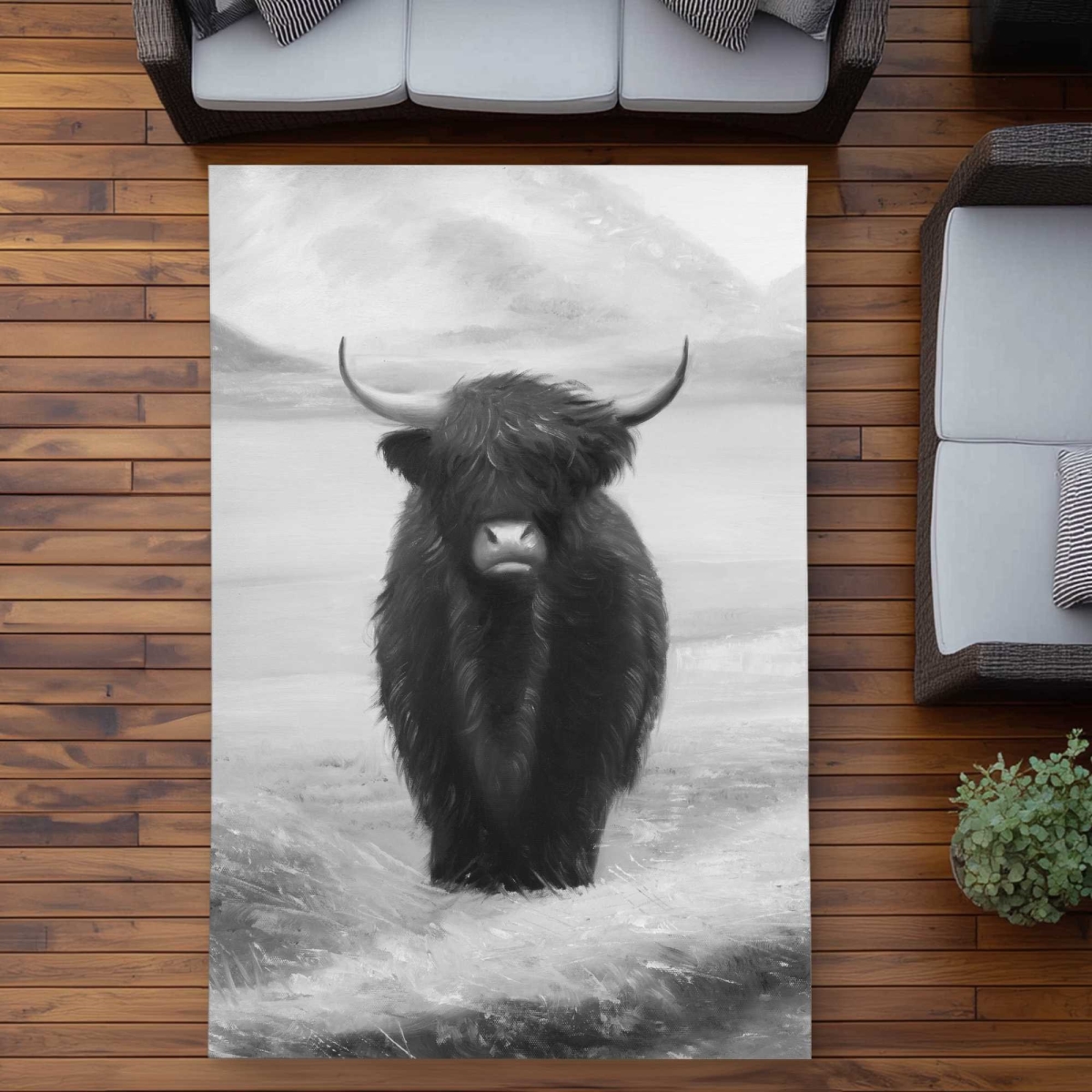 C1ROAR57698ICB 5 x 7 ft. Monochrome Highland Cow Rug - Gray Outdoor Rectangle Area Rug
