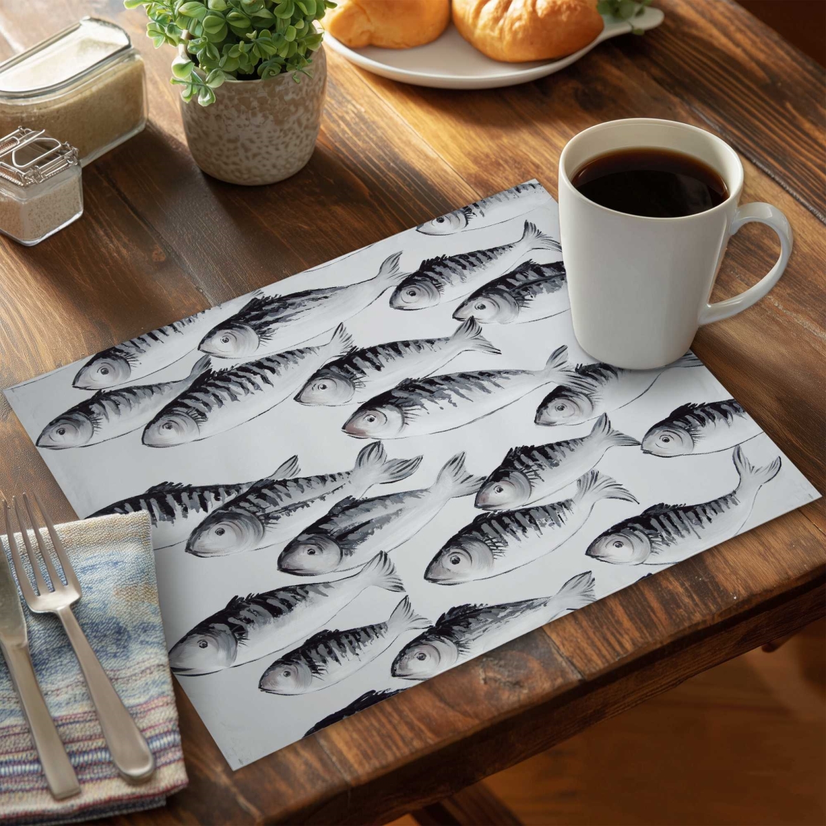 Picture of Begin Home Decor C6PP1418KQFQIU 14 x 18 in. Gray School of Fish Polyester Placemat - Home Decor Accent - Set of 6