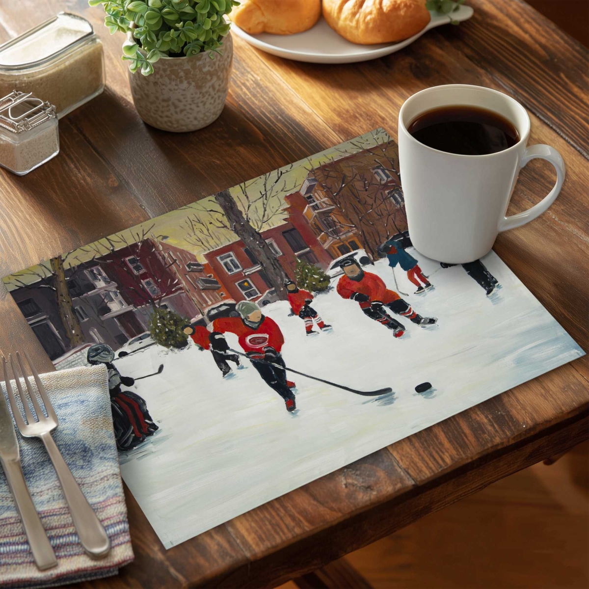 Picture of Begin Home Decor C6PP1418QS83LF 14 x 18 in. Young Hockey Players Polyester Placemat - Decor Essentials - Set of 6