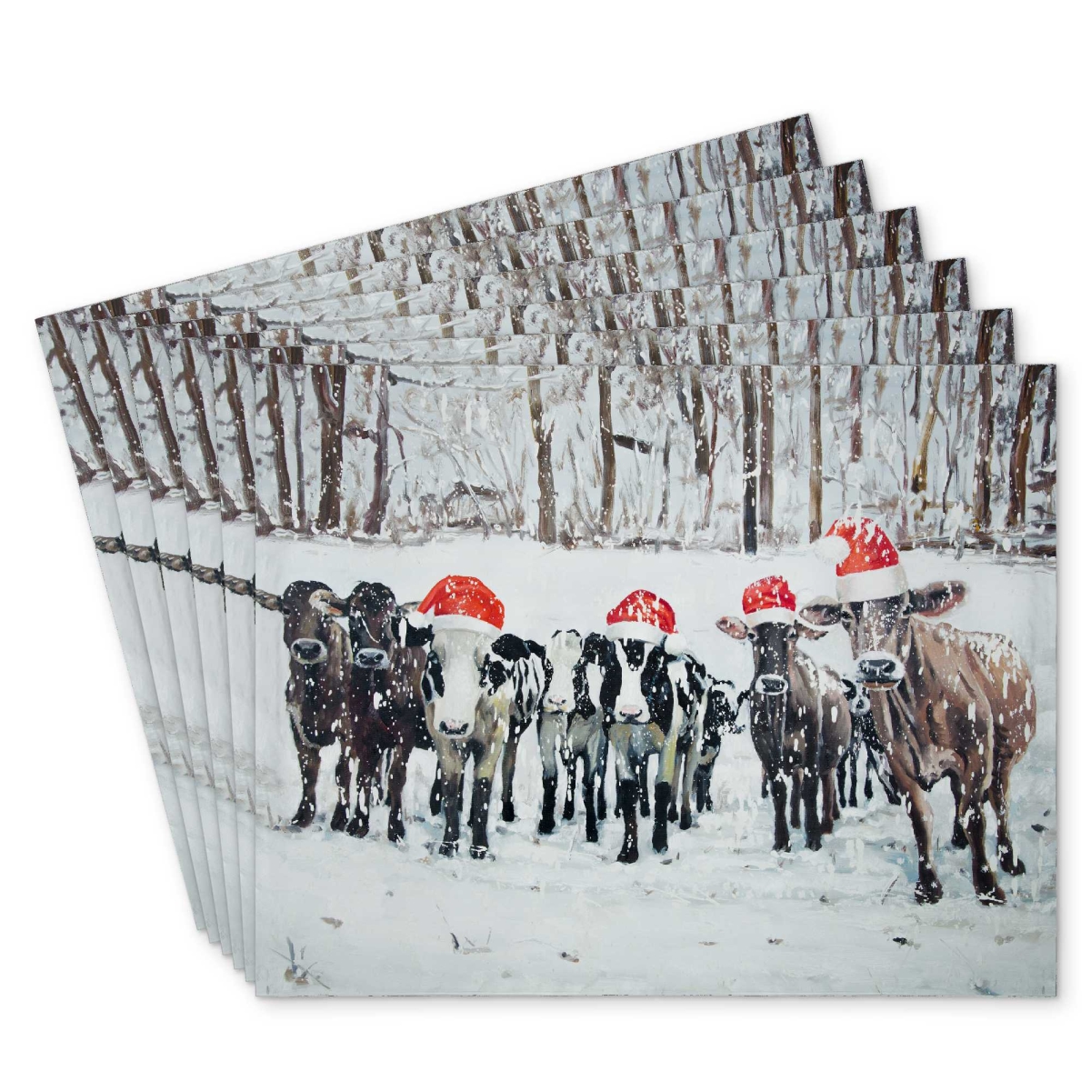 Picture of Begin Home Decor C6PP1418UJZRI2 14 x 18 in. Curious Christmas Cows Polyester Placemat - Decor Delight - Set of 6