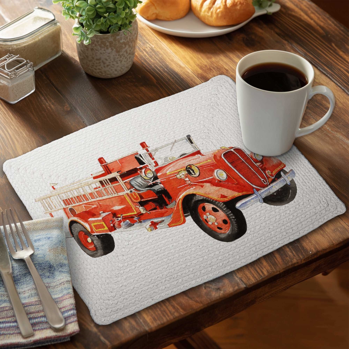 Picture of Begin Home Decor C6BP1418SCTTRP 14 x 18 in. Vintage Fire Truck Braided Polyester Placemat - Home Decor - Set of 6