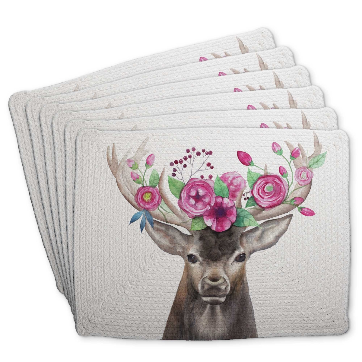 Picture of Begin Home Decor C6BP1418T6TO7O 14 x 18 in. Deer Head with Flowers Braided Polyester Placemat - Decor - Set of 6