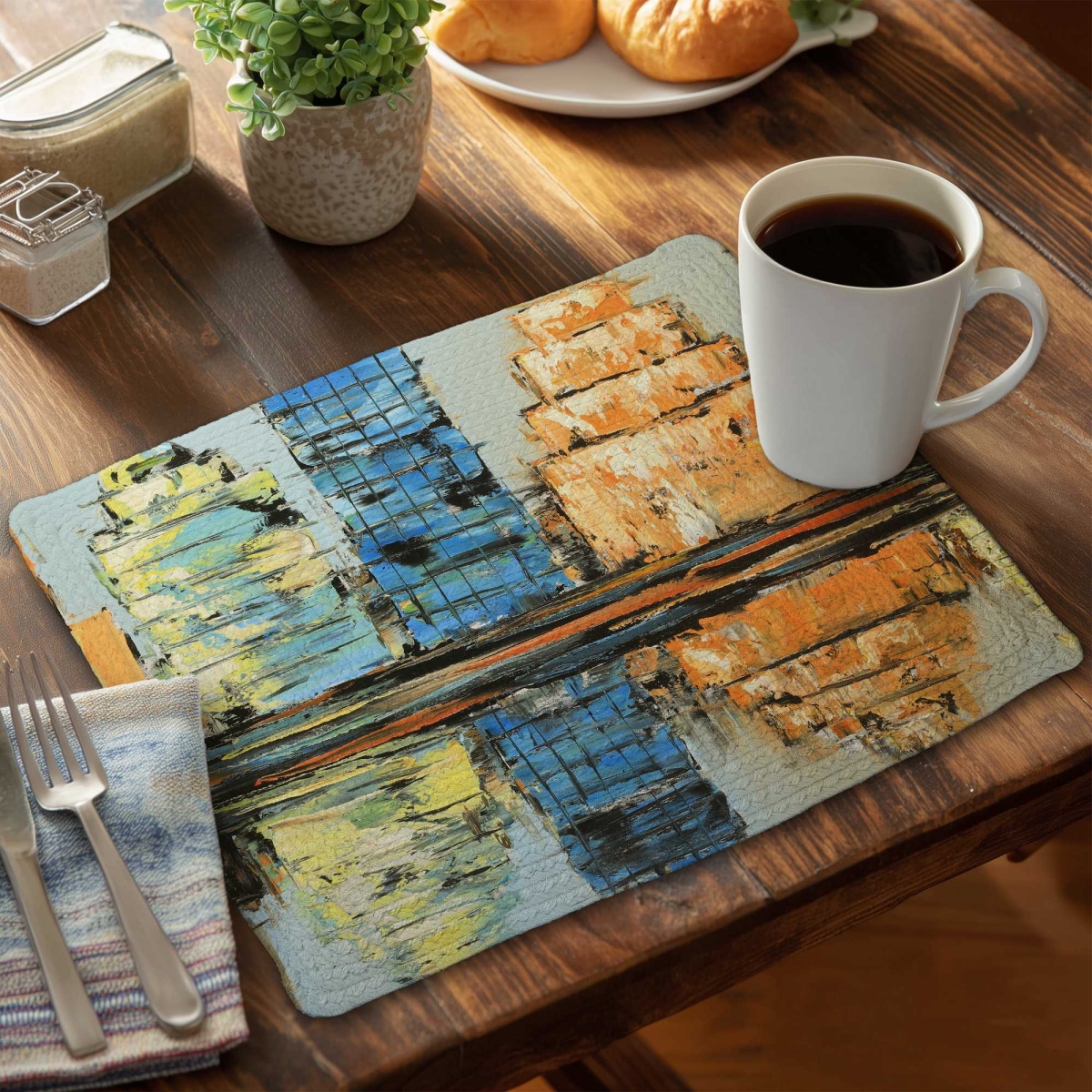 Picture of Begin Home Decor C6BP1418UYLLU4 14 x 18 in. Reflections of a Colorful Abstract City Braided Placemat - Set of 6