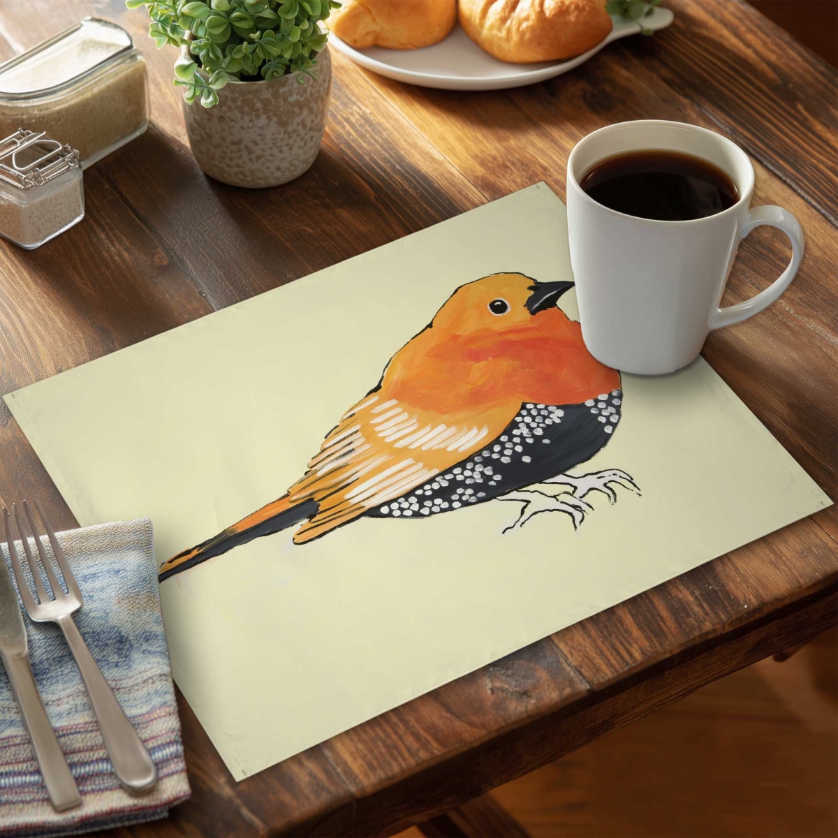 Picture of Begin Home Decor C6PP1418CLITS2 14 x 18 in. Little Orange Bird Illustration - Polyester Placemat for Home - Set of 6