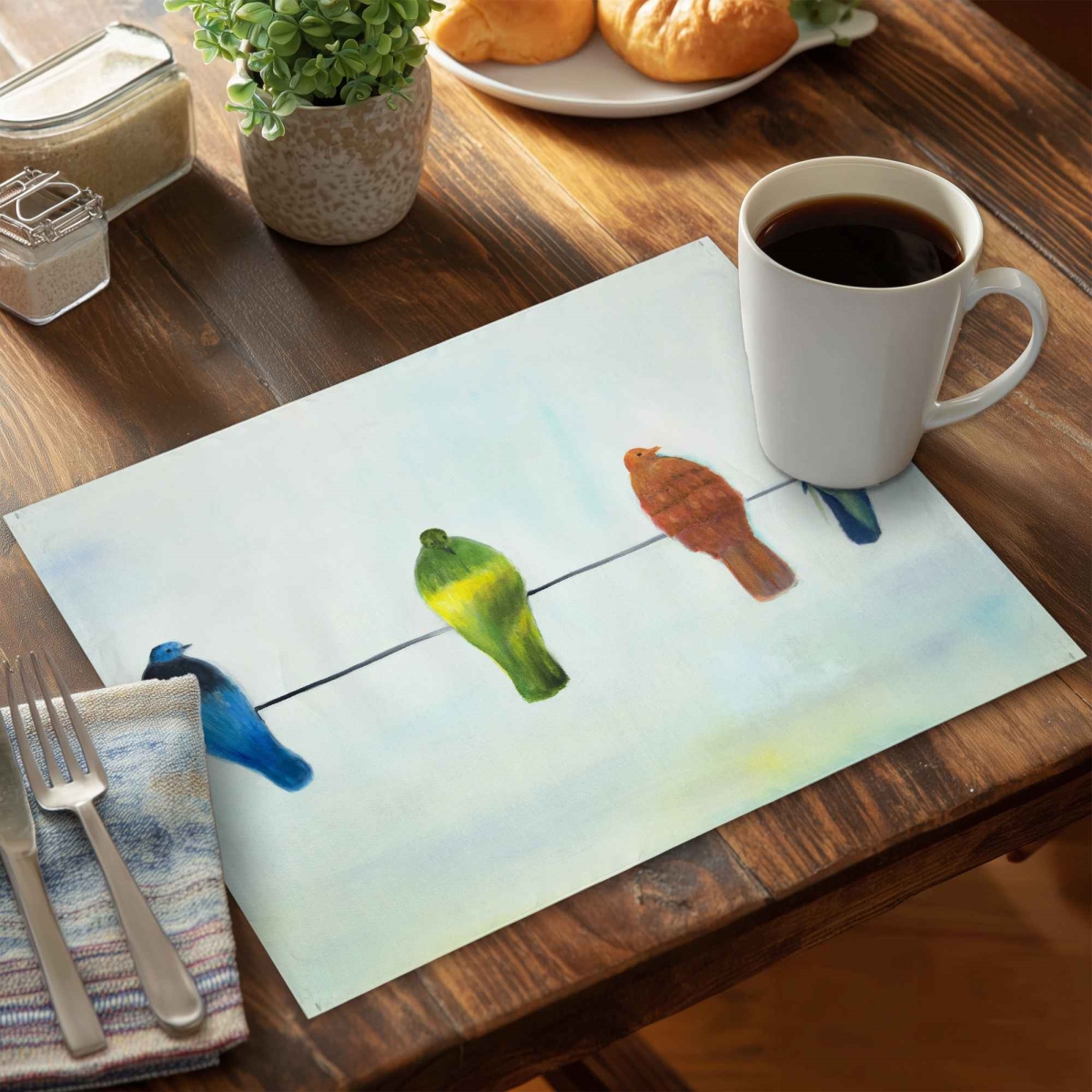 Picture of Begin Home Decor C6PP1418GPTA5R 14 x 18 in. Perched Abstract Birds Polyester Placemat - Decor Accent - Set of 6