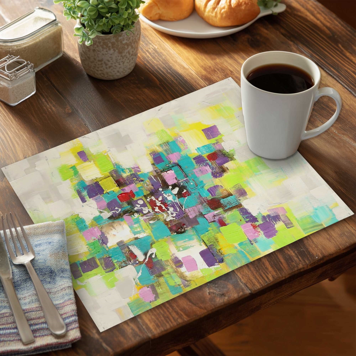 Picture of Begin Home Decor C6PP1418HBK8R0 14 x 18 in. Abstract Square Flowers Polyester Placemat - Home Decor - Set of 6