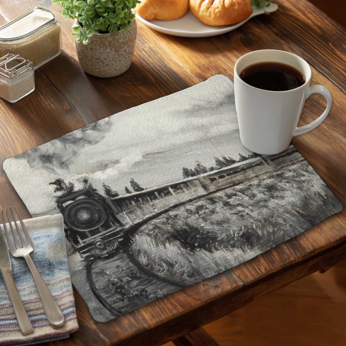 Picture of Begin Home Decor C6BP1418G8YT1S 14 x 18 in. Steam Engine Train Braided Polyester Placemat - Home Decor - Set of 6