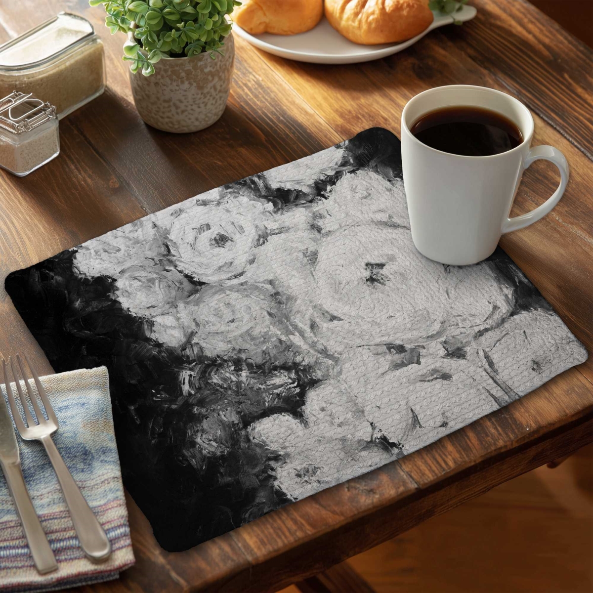 Picture of Begin Home Decor C6BP1418IG08V5 14 x 18 in. Monochrome Rose Garden Braided Polyester Placemats - Decor - Set of 6