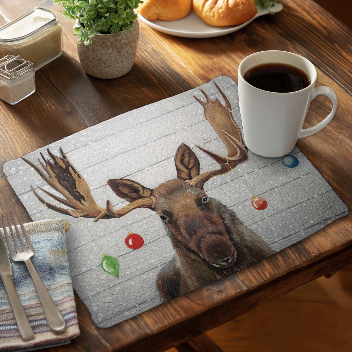 Picture of Begin Home Decor C6BP1418JSBTBF 14 x 18 in. Moose Has Christmas Balls - Braided Polyester Placemat - Set of 6