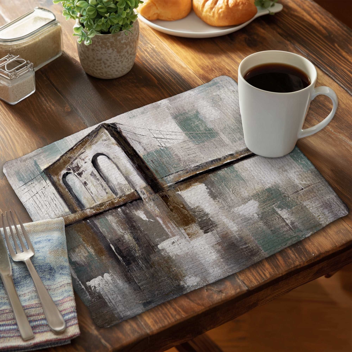 Picture of Begin Home Decor C6BP1418KTT8HW 14 x 18 in. Abstract Paint Spotted Bridge - Braided Polyester Placemat - Set of 6