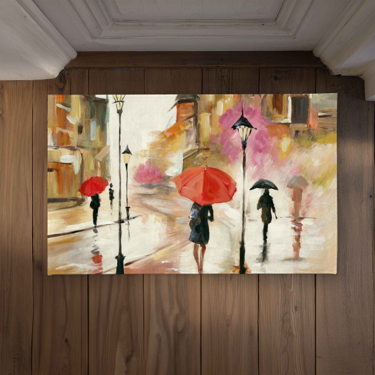 CODM213423QTZI 21 x 34 in. Passersby Under Their Umbrellas Door Mat - Cities Red Decor