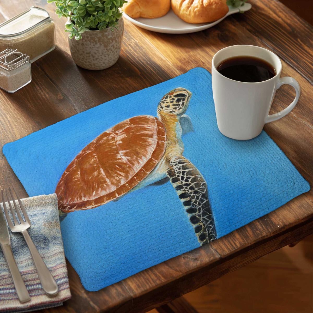 Picture of Begin Home Decor C4BP14185GPUGQ 14 x 18 in. Green Aquatic Turtle Braided Polyester Placemat - Home Decor - Set of 4