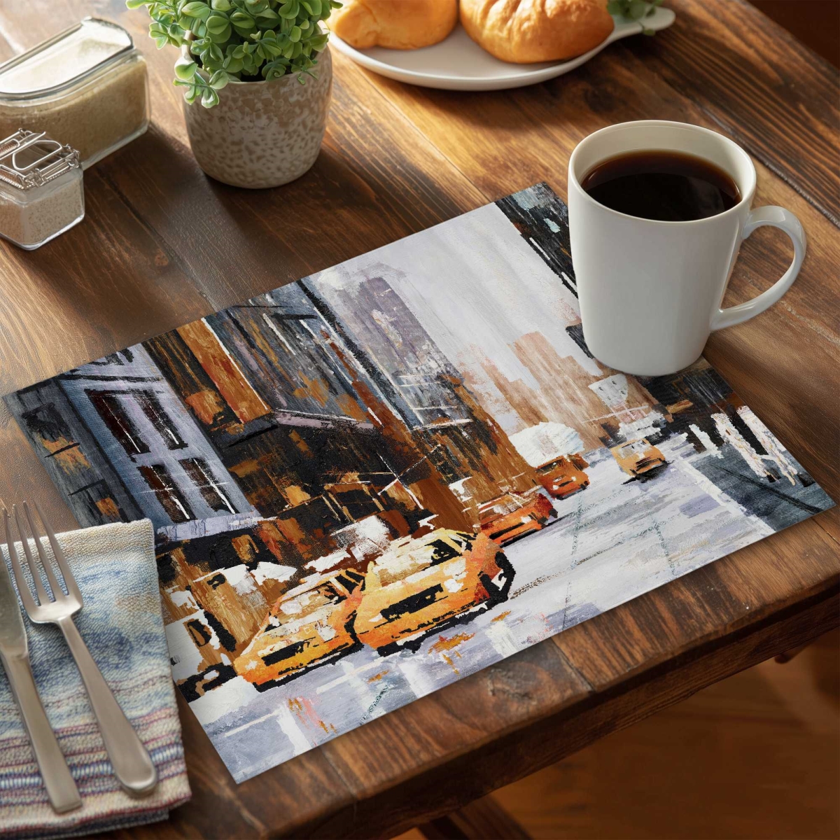 Picture of Begin Home Decor C6PP1418OB4LAH 14 x 18 in. Big City Street Yellow Taxi Polyester Placemat - Set of 6