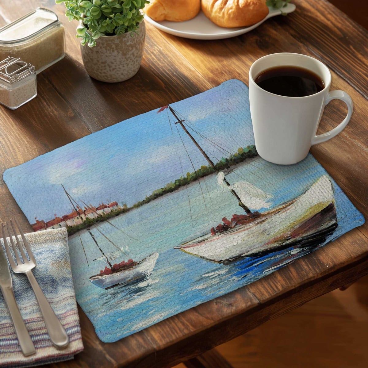Picture of Begin Home Decor C6BP14189K6DRF 14 x 18 in. Braided Polyester Placemat - Two Boats Sailing on Water - Set of 6
