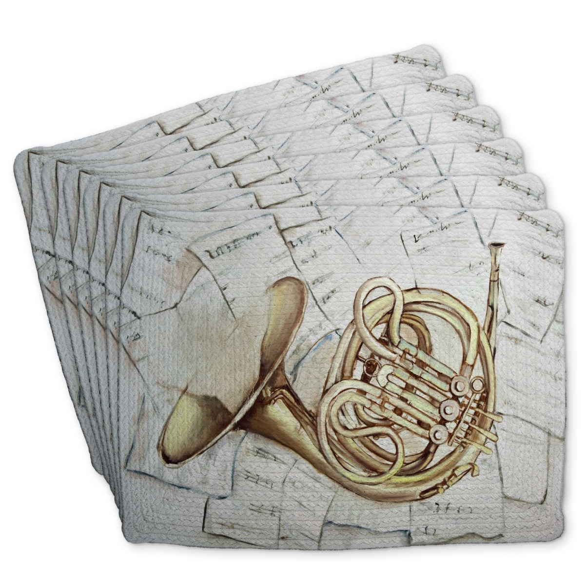 Picture of Begin Home Decor C6BP1418ACR2EM 14 x 18 in. Horn on Music Sheet Braided Polyester Placemat - Home Decor - Set of 6