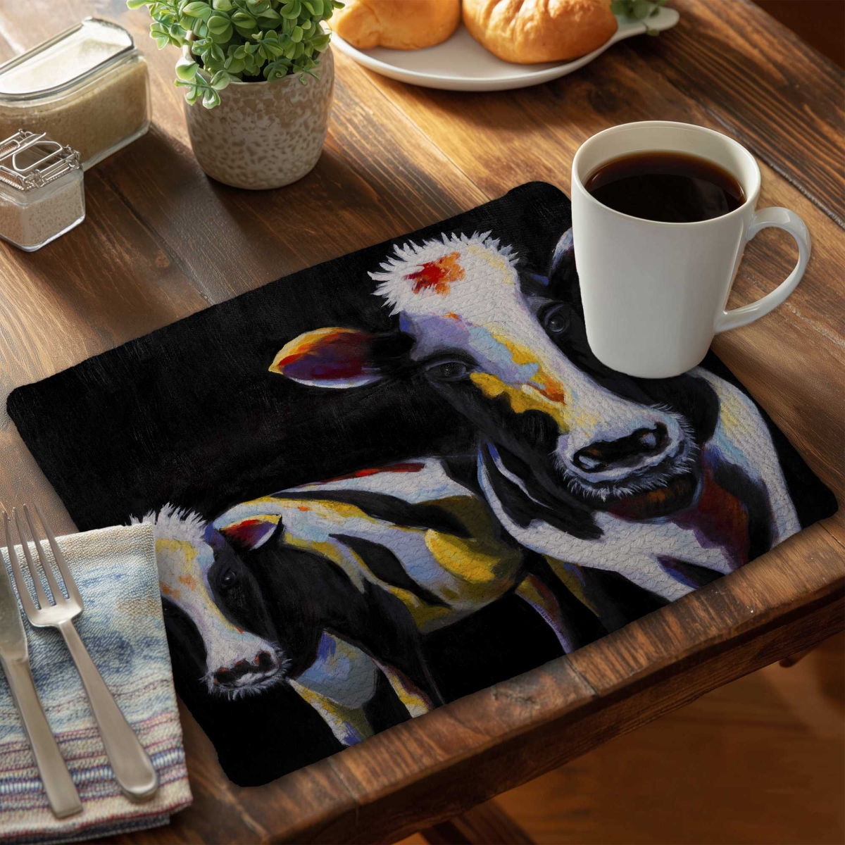 Picture of Begin Home Decor C6BP1418E7BDIG 14 x 18 in. Two Funny Cows Braided Polyester Placemat for Home Decor - Set of 6