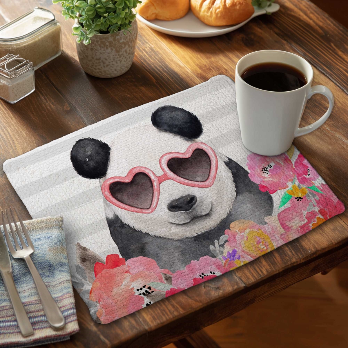 Picture of Begin Home Decor C6BP1418FR8LGM 14 x 18 in. Panda with Heart-Shaped Glasses Braided Polyester Placemat - Set of 6