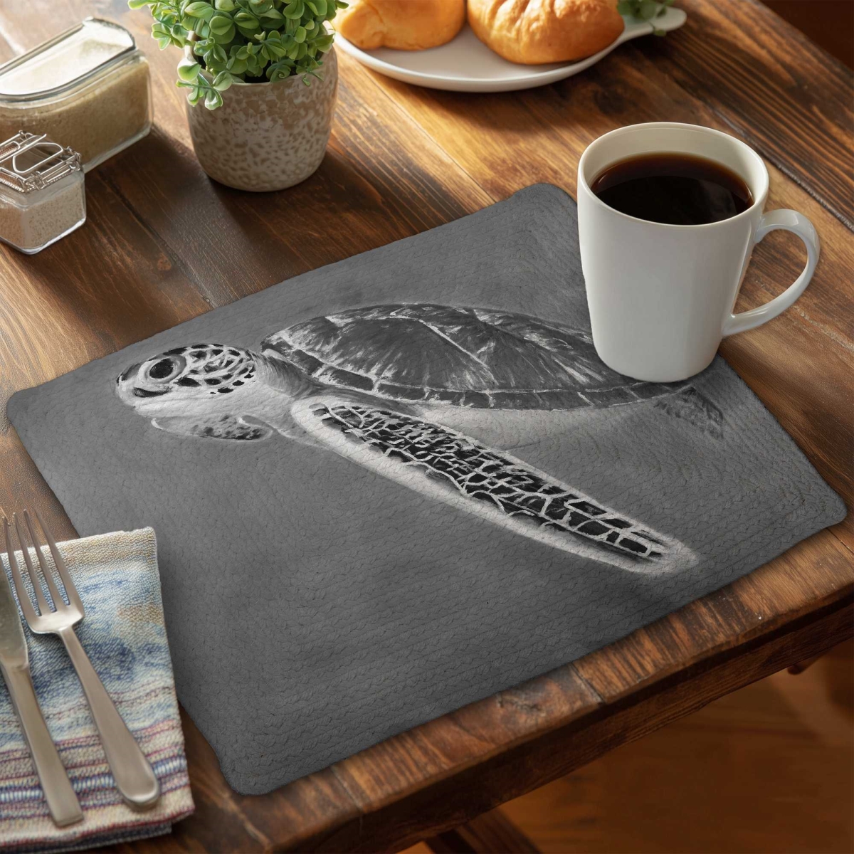 Picture of Begin Home Decor C6BP1418GB8PMW 14 x 18 in. Grayscale Sea Turtle Braided Polyester Placemat - Home Decor - Set of 6