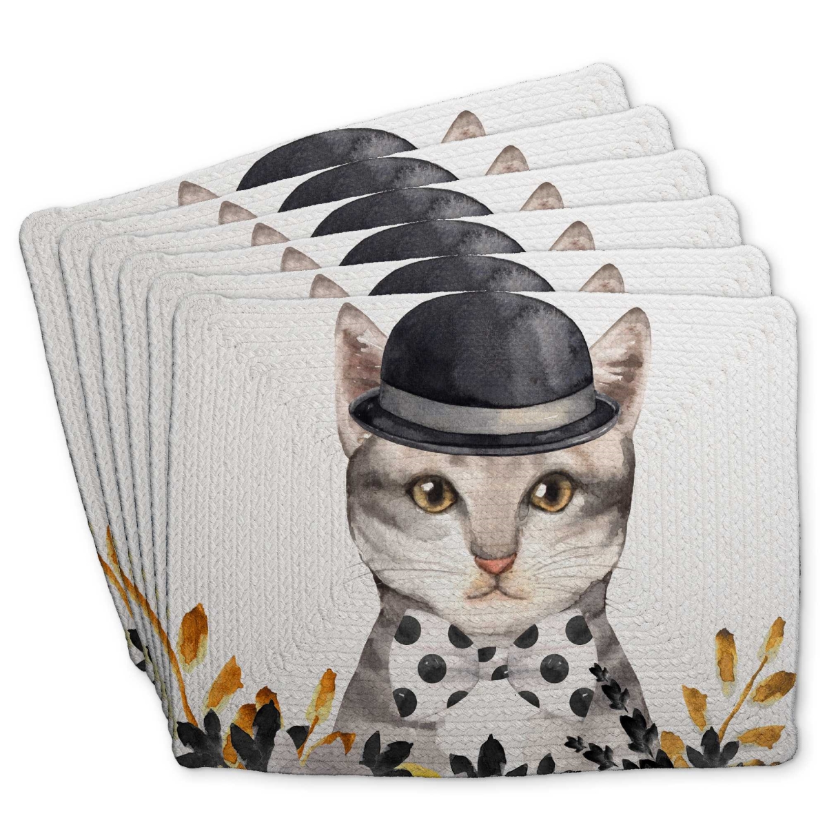 Picture of Begin Home Decor C6BP1418OG3FUV 14 x 18 in. Chic Cat Braided Polyester Placemat - Stylish Home Decor - Set of 6