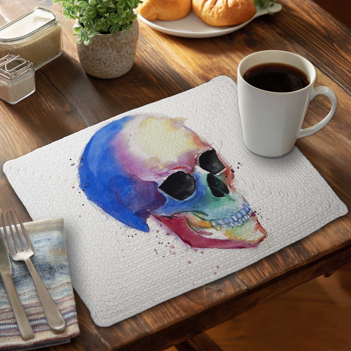 Picture of Begin Home Decor C6BP1418P9CF1F 14 x 18 in. Watercolor Colorful Skull Profile Braided Polyester Placemat - Set of 6