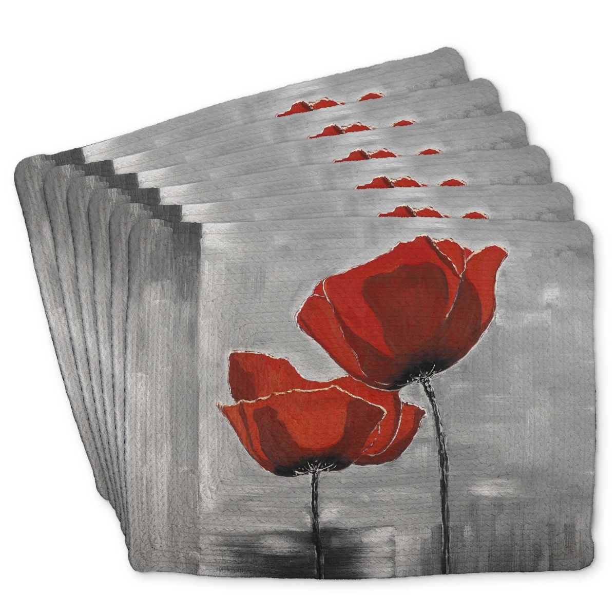 Picture of Begin Home Decor C6BP1418SSYR7X 14 x 18 in. Two Red Flowers on Grayscale Background Braided Placemat - Set of 6