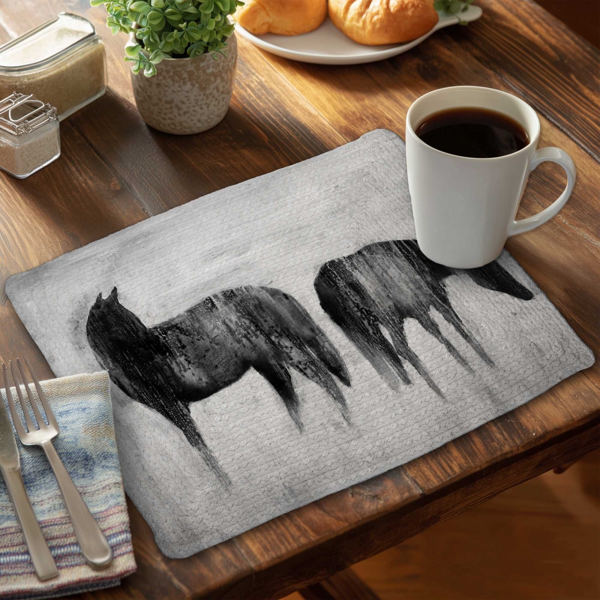 Picture of Begin Home Decor C4BP1418PFPWG4 14 x 18 in. Horses Silhouettes in the Mist Braided Polyester Placemat - Set of 4