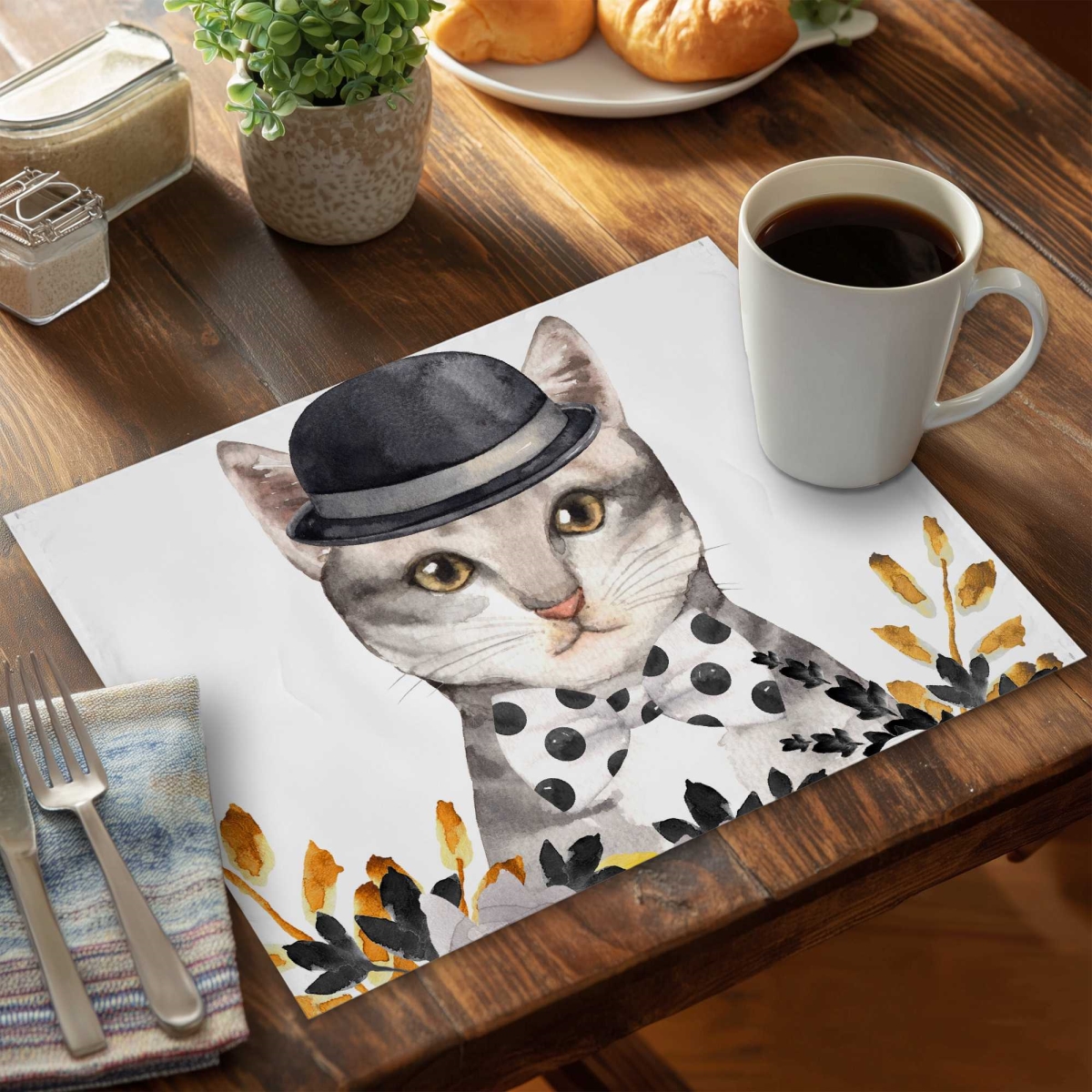 Picture of Begin Home Decor C4PP1418E1DN1Y 14 x 18 in. Chic Cat Polyester Placemat - Stylish Home Decor Accessory - Set of 4