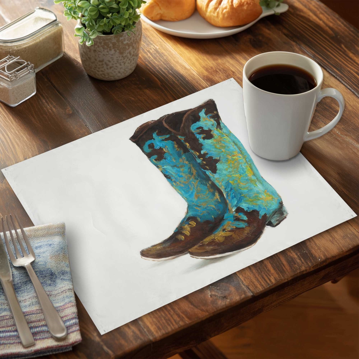 Picture of Begin Home Decor C4PP1418K7CWLC 14 x 18 in. Blue Cowboy Boots Polyester Placemat - Home Decor Accent - Set of 4