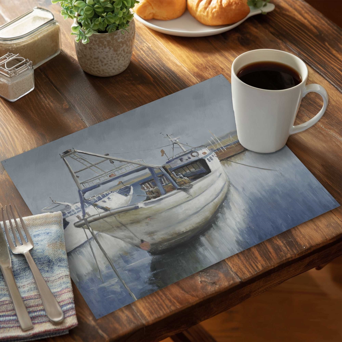 Picture of Begin Home Decor C4PP1418MLGCMA 14 x 18 in. Blue Fishing Boat Polyester Placemat - Stylish - Set of 4