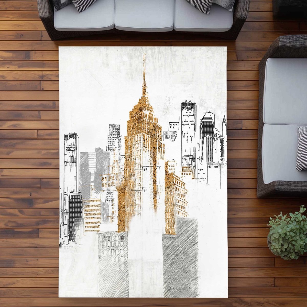 C1ROAR57EKQBQW 5 x 7 ft. Blurry Sketch Style Cityscape - White Cities Outdoor Rectangle Area Rug