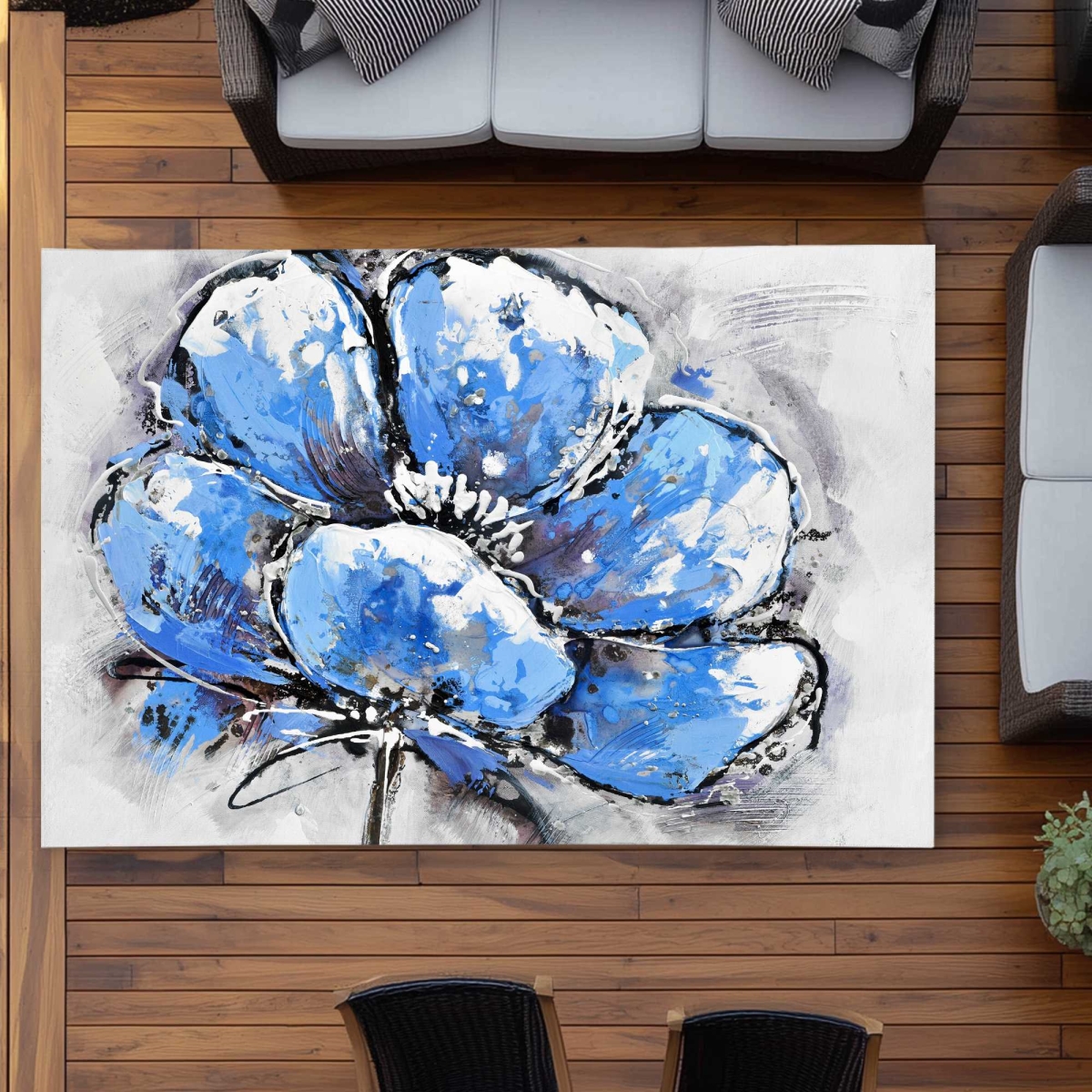 C1ROAR57FPTD71 5 x 7 ft. Abstract Blue Petals - White Floral Outdoor Rectangle Area Rug for Home