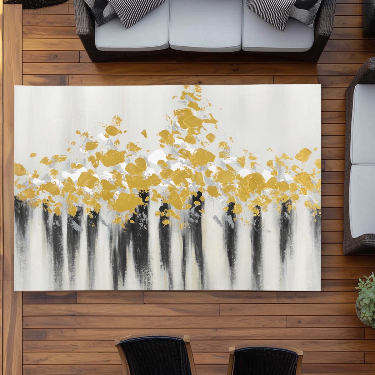 C1ROAR57LXEYPO 5 x 7 ft. Abstract Gold Flowers - Black Outdoor Rectangle Area Rug