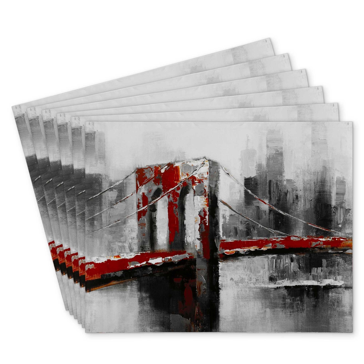Picture of Begin Home Decor C6PP1418RS2H4B 14 x 18 in. Abstract & Red Brooklyn Bridge Polyester Placemat - Decor - Set of 6