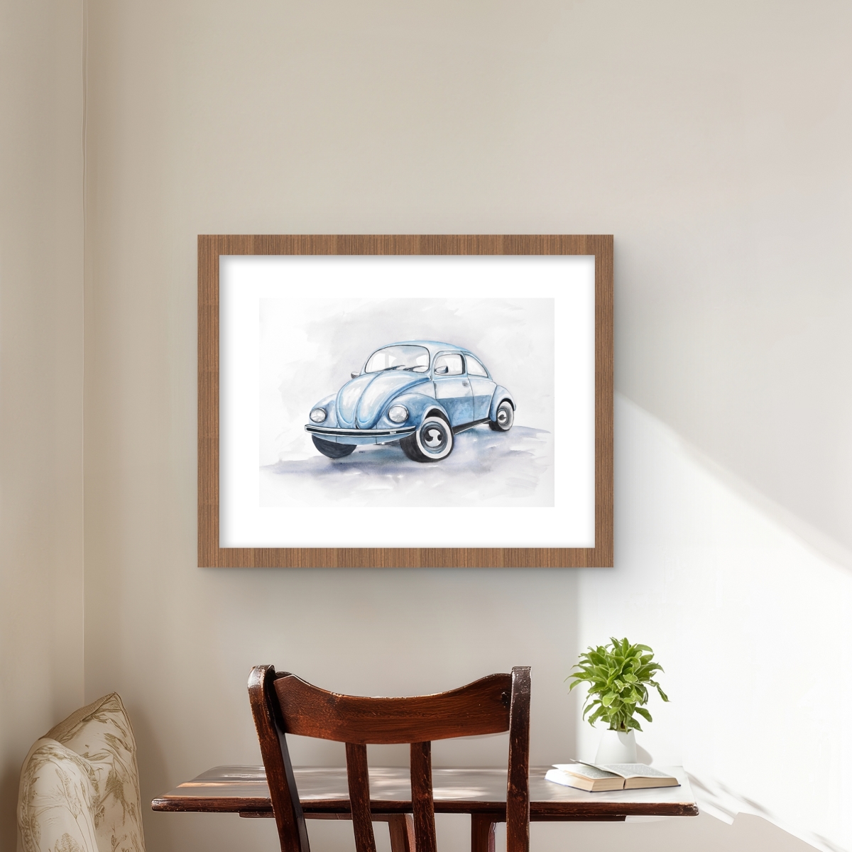 C1FM1620K0BLHB 16 x 20 in. Beetle Blue Car Print - Framed Matted Wall Art for Man Cave Decor