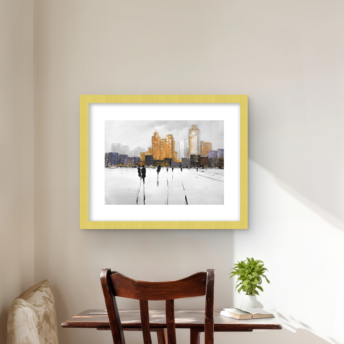 C1FM1620MG93TX 16 x 20 in. Silhouettes Walking Towards the City - Framed Matted Print Wall Art